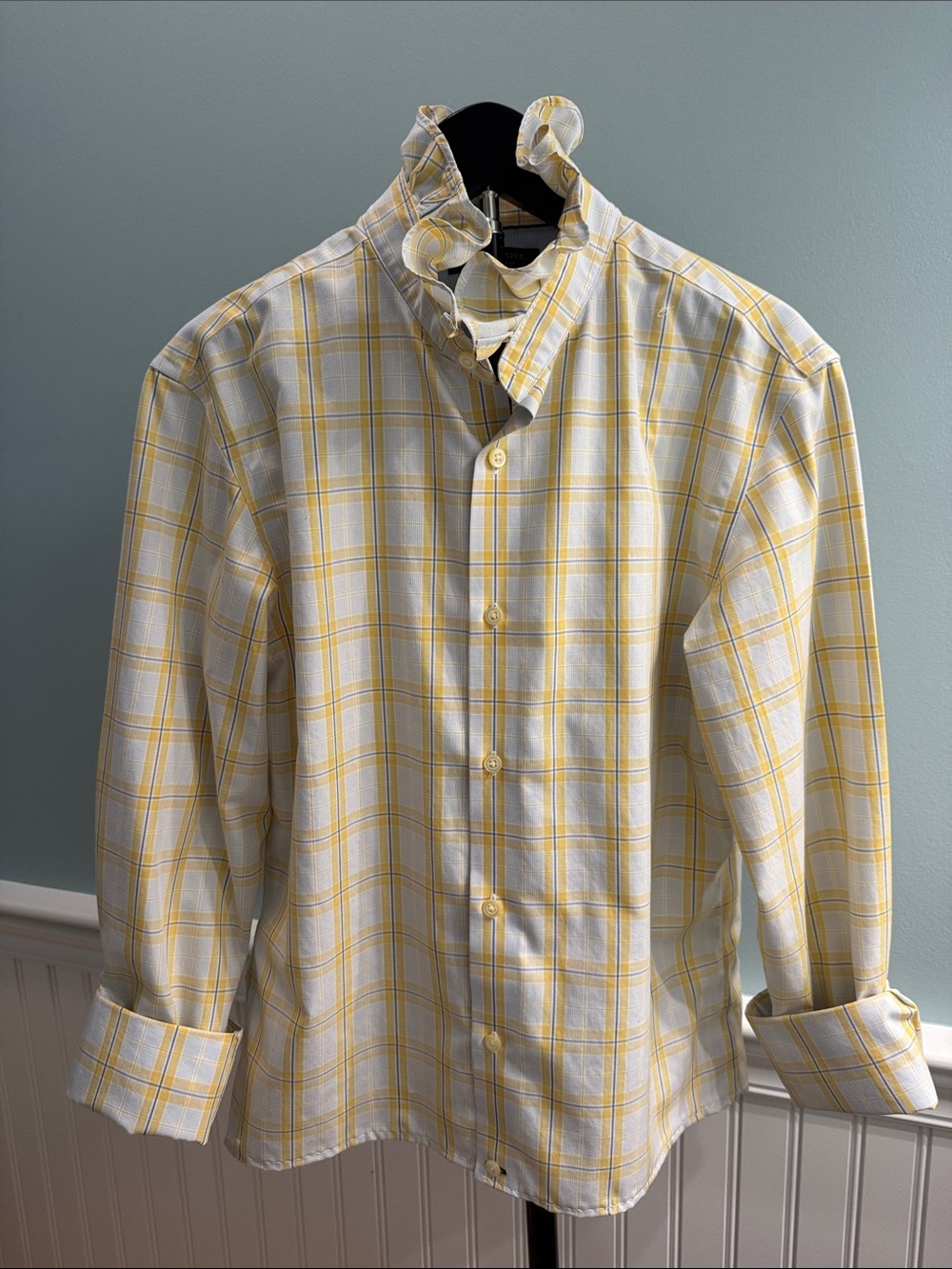 Reimagined shirt , Banana Republic in Yellow,White, Blue plaid, ruffle collar